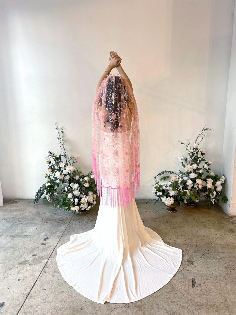 Celestial Pink Fringe Wedding Veil, Moon Stars Bridal Tulle Fingertip Veil