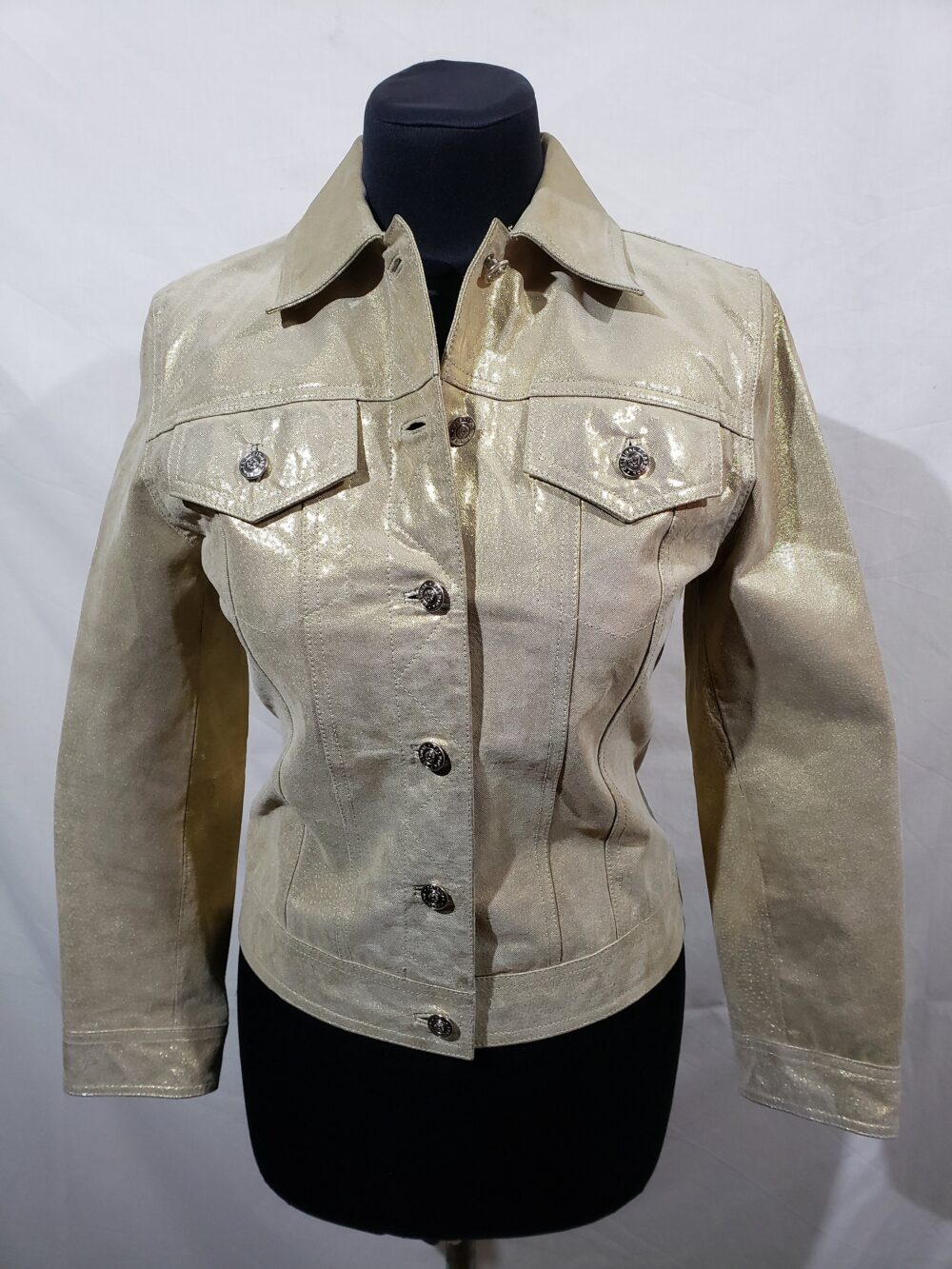 Gold Leather Denim Style Jacket - Women's Metal Button Up