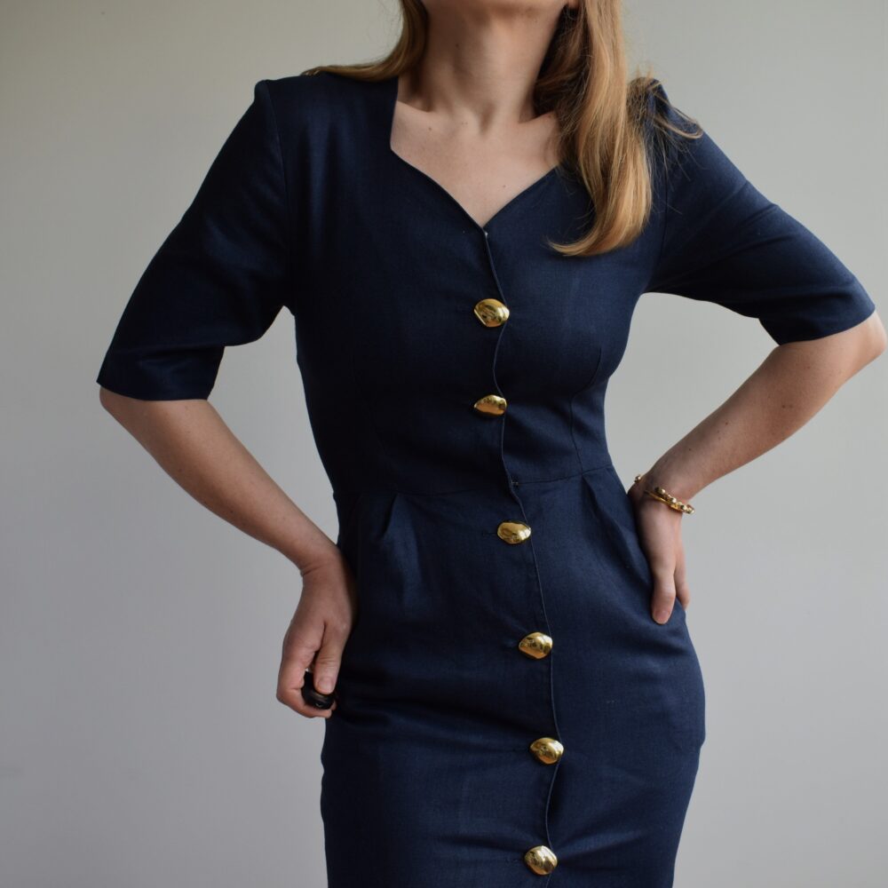 Vintage Linen Mini Dress in Navy Blue. Originally Women's Size S/M. 90's Era