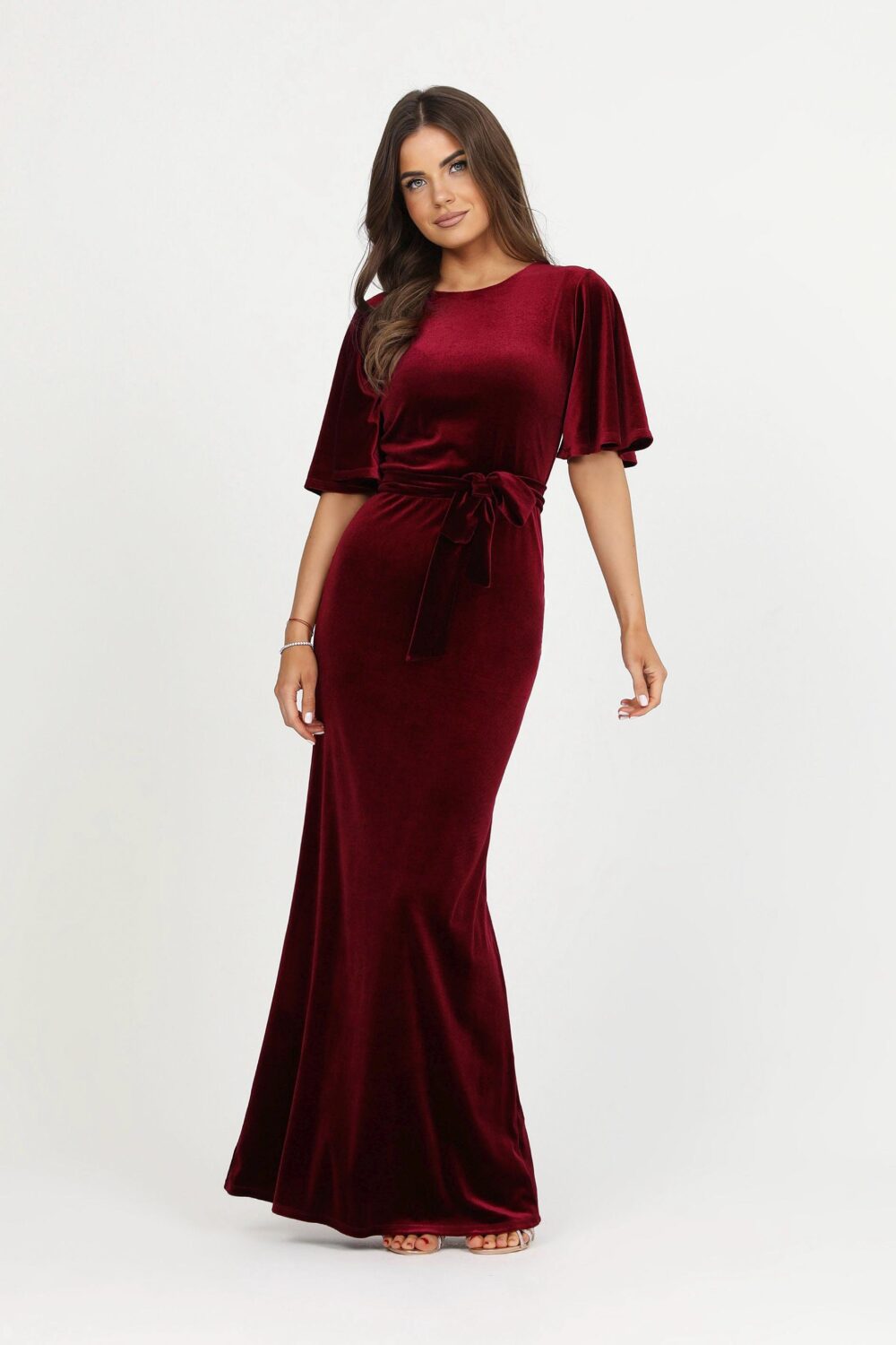 Burgundy Velvet Flutter Sleeve Dress, Short Maxi Wedding Guest Plus Size Formal Gown