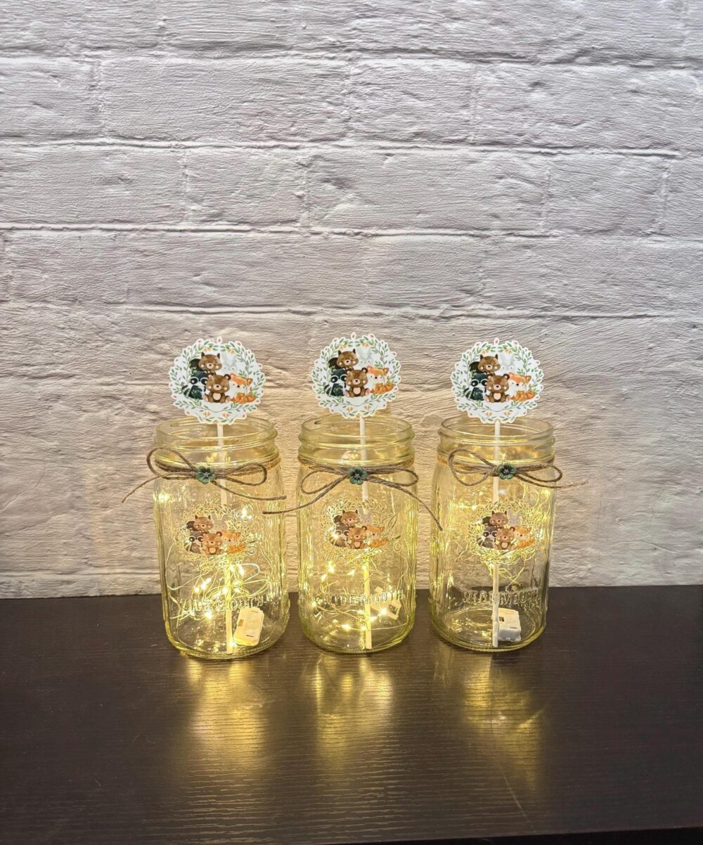 Woodland Baby Shower Centerpiece Mason Jar Decoration With Fairy Lights, Set Of 3