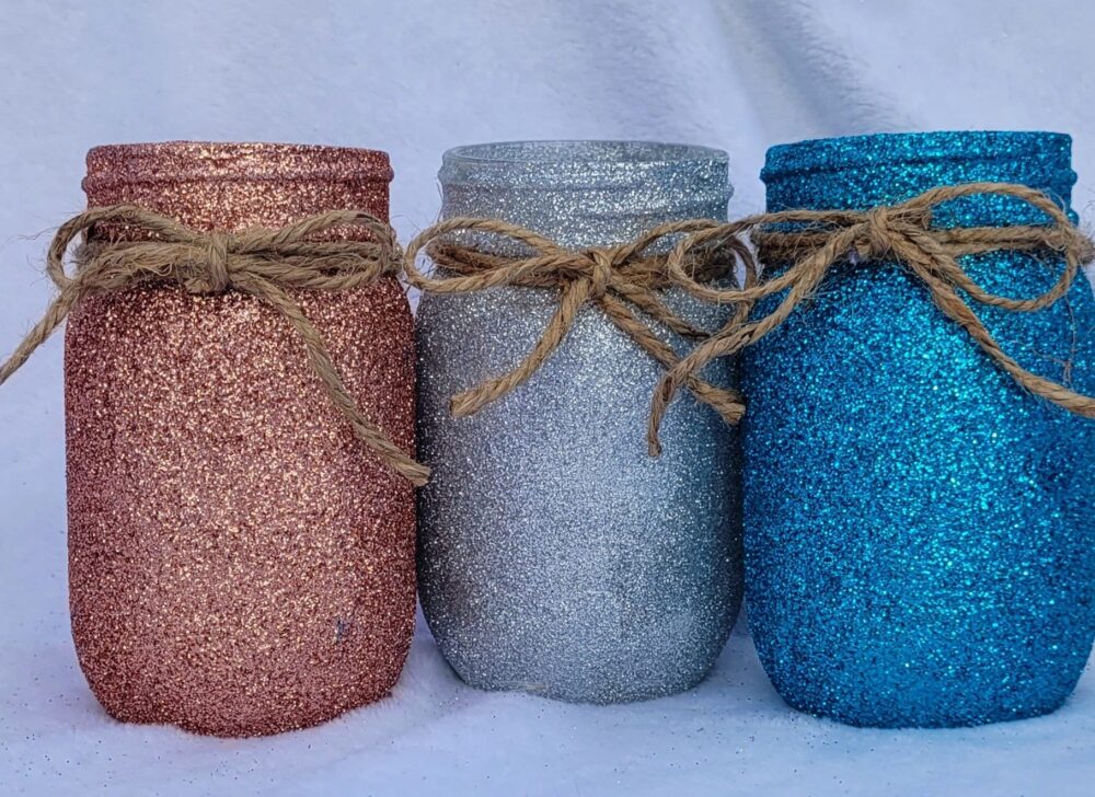 Centerpiece - Glittery Rosegold Mason Jar, Glittery Aqua, Silver, Gold, Red & More