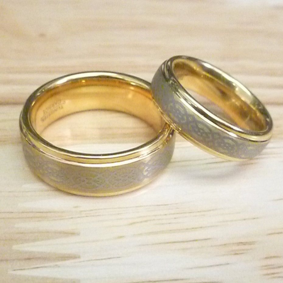 Custom Engraved Tungsten Celtic Knot Wedding Band Set - Gold Plated