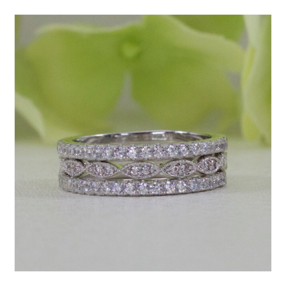 French Pavé & Art Deco Three Rows Band Cubic Zirconia Wedding Set in Sterling Silver, Travel Ring, Anniversary Ring | Db099-108