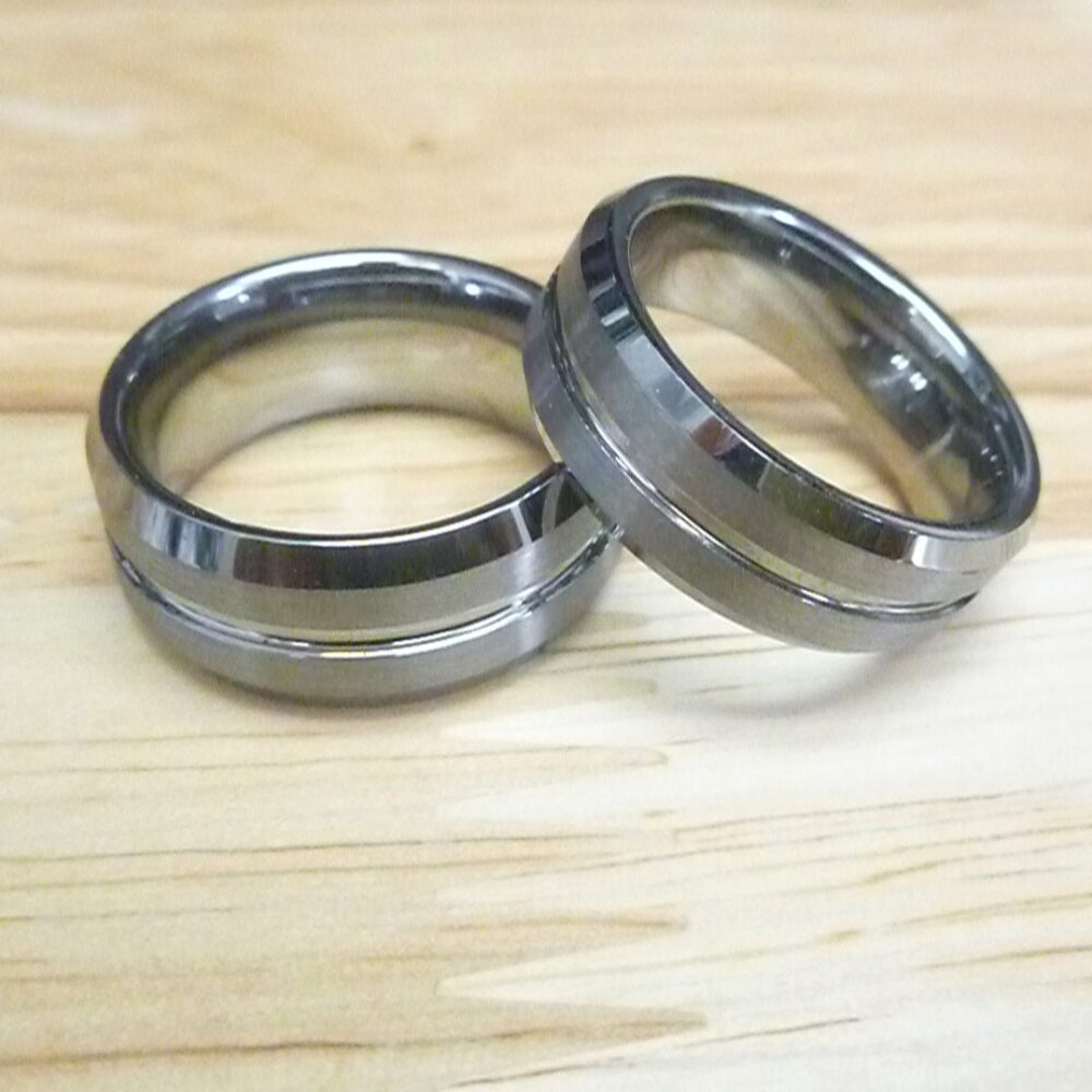 Custom Engraved Tungsten Carbide Wedding Band Set - Beveled Groove