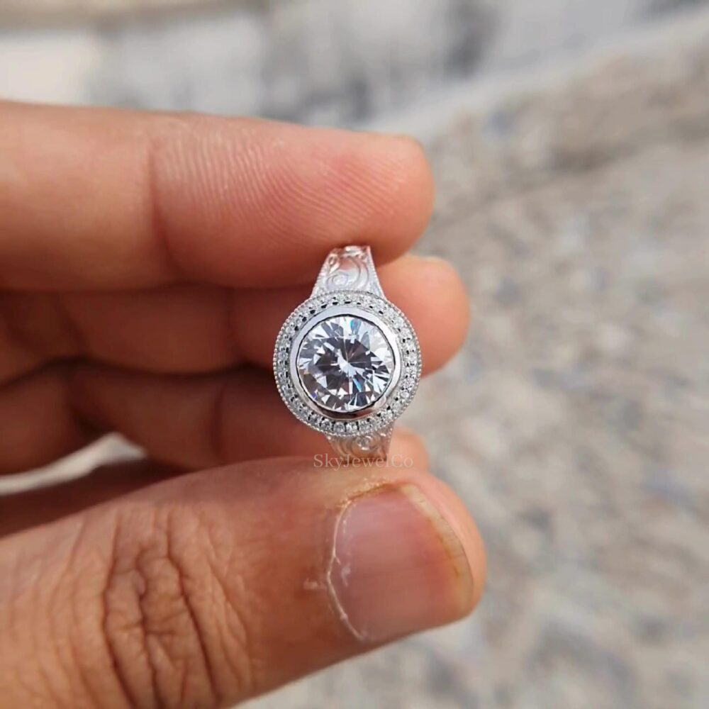 Antique Vintage Ring, 2Ct Round Colorless Moissanite Solitaire Halo Engagement Bezel Set Wedding Ring, Artdeco Style Promise Ring