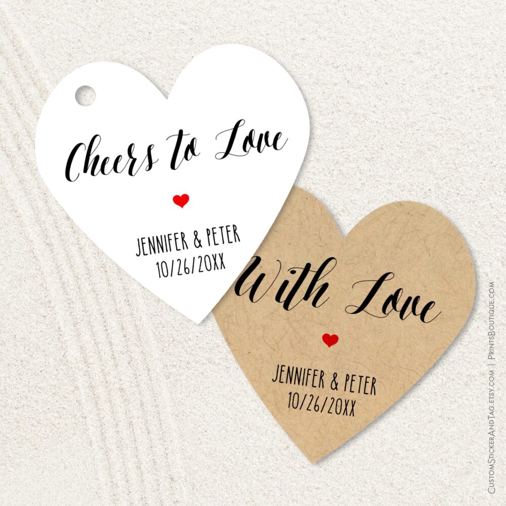 Cheers To Love, Personalized Heart Wedding Favor Tags, Wine Bottle Hang Tag T-37