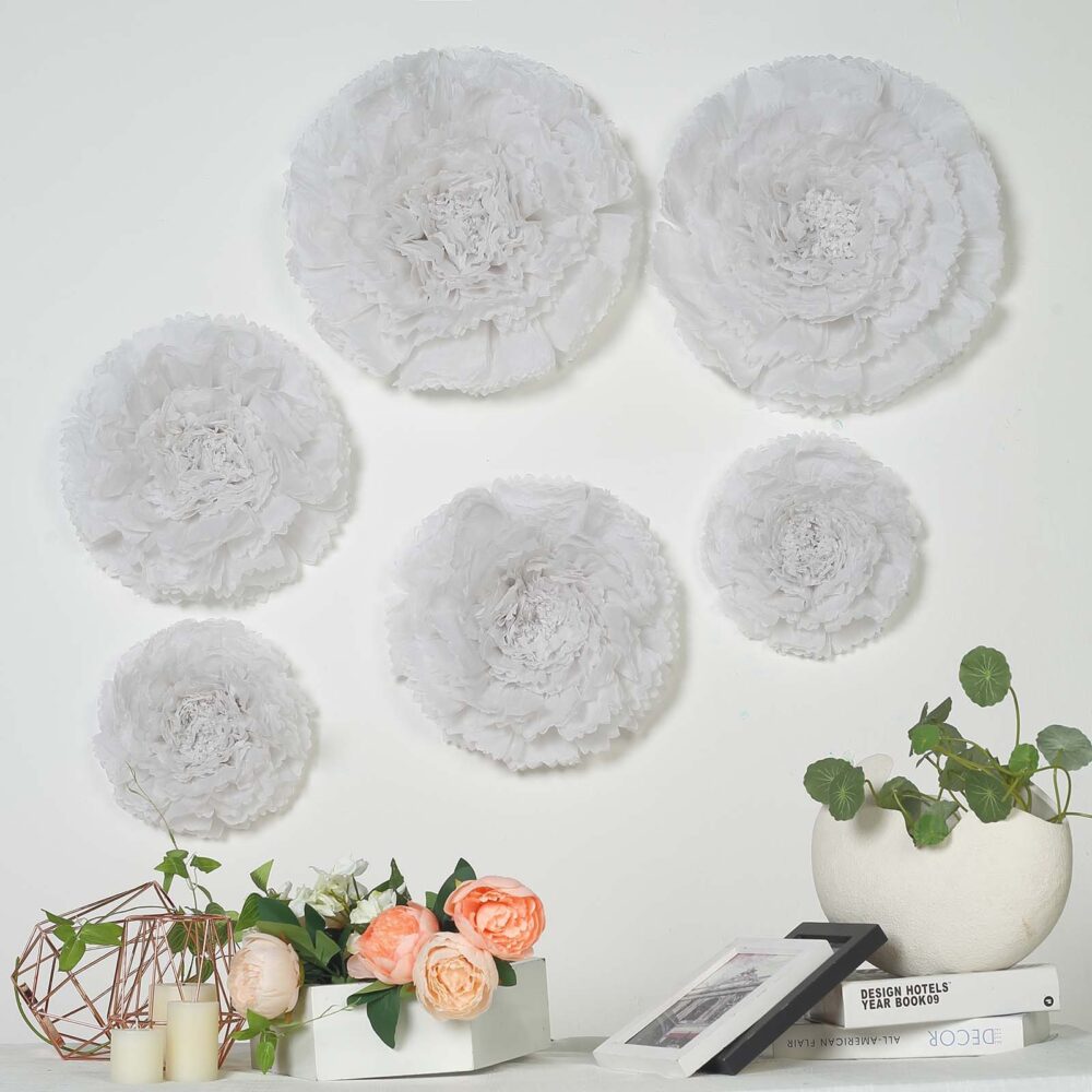 6 Multi Size Pack | Carnation White Dual Tone 3D Wall Large Tissue Paper Flowers Wholesale - 12", 16", 20"