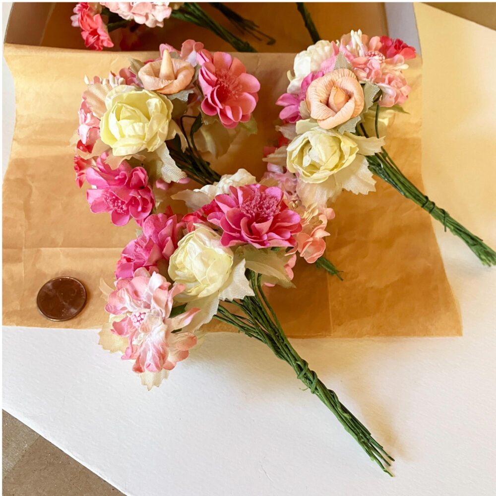 3 Bouquets Paper Flowers Handmade Millinery Pinks & Pale Yellow Apricot 48 Blossom #c