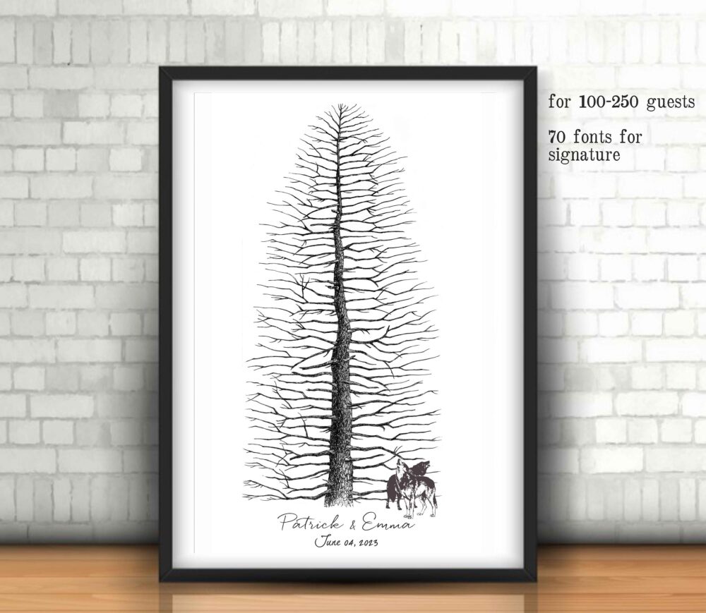 Wedding Guest Book Alternative Tree Guest Book Signature Pine With Wolves Black & White