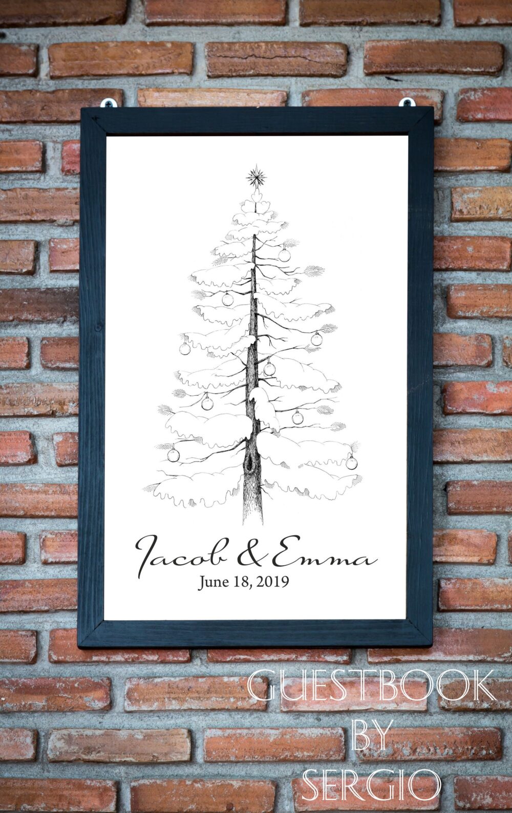 Wedding Guest Book Alternative - Winter Pine Tree. Custom Wedding Guestbook Book For Christmas. Framed Print On Art Paper 150 Guests