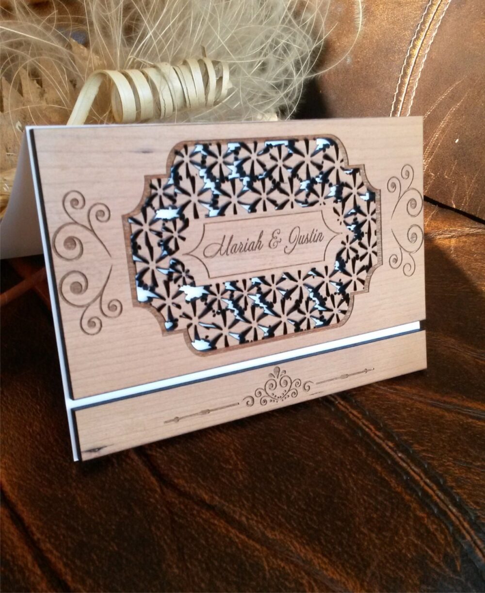Laser Cut Cherry Wood Wedding Invitation, Floral Rustic Design