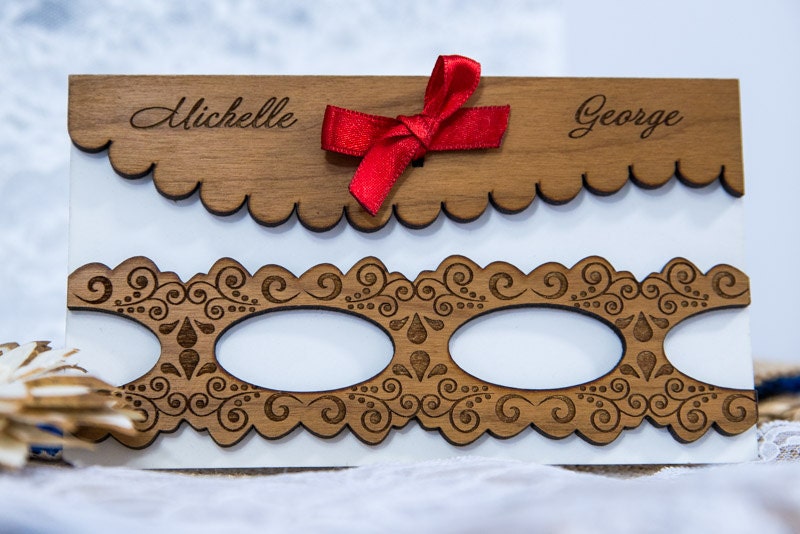 Engraved Wood Wedding Invitation, Cherry Wood, Rustic Red Ribbon