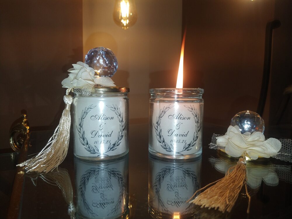 Rustic Wedding Favor Candle Custom Crystal Glass, Flower & Tassel