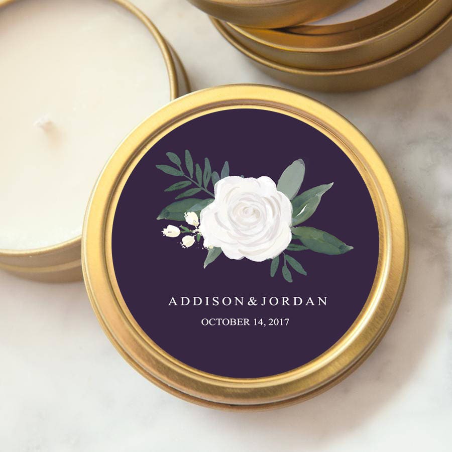 Personalized Gold Tin Wedding Favor Candle Botanical Soy Candle