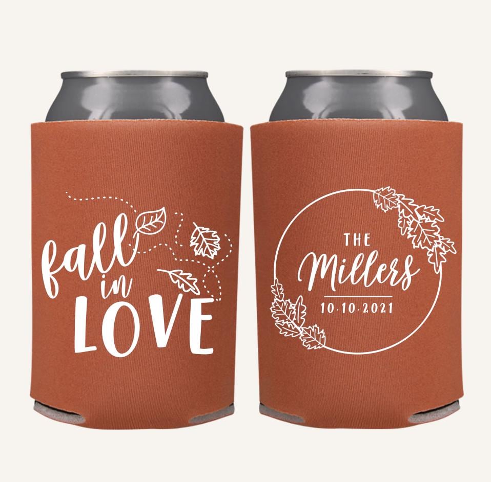 Fall in Love Wedding Favors | Personalized Autumn Rustic Can Coolers For & Reception