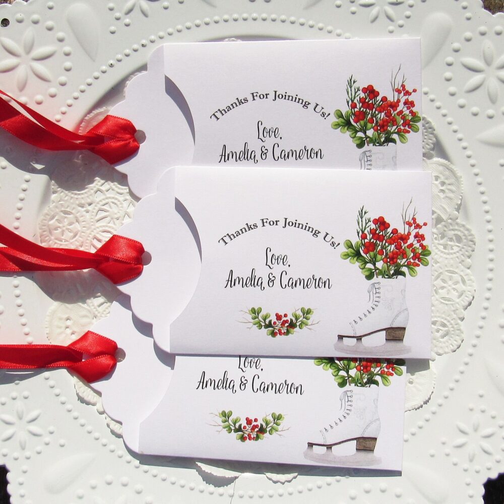Personalized Winter Wedding Favor Envelopes Ice Skate Lotto Ticket Holders