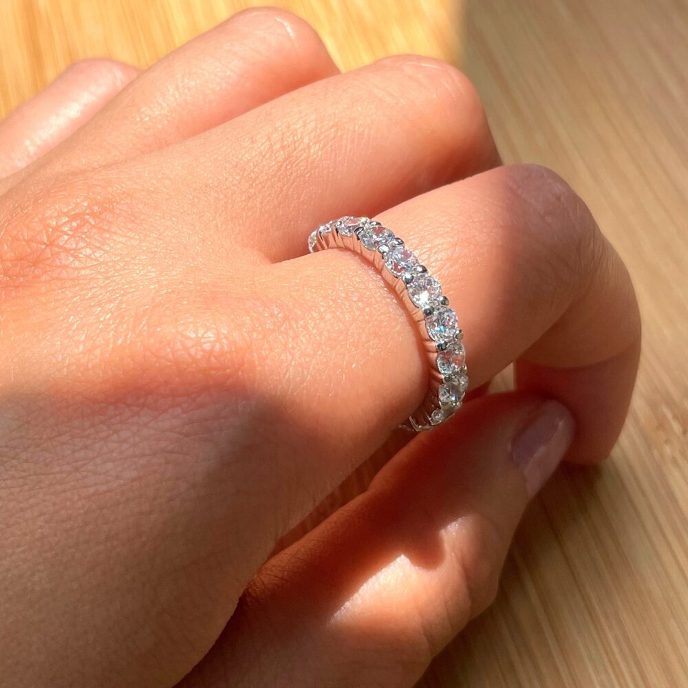 4mm Eternity Band Ring, Sterling Silver Full Wedding Band, Cubic Zirconia, Stackable Engagement Bridal