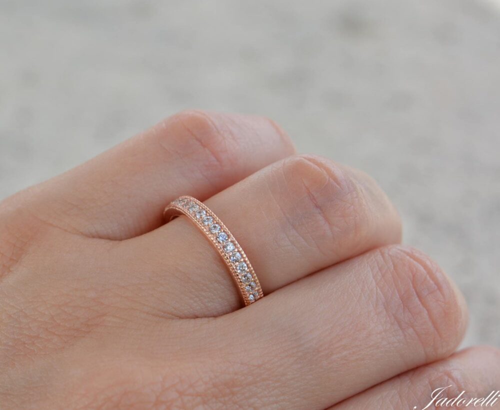 Eternity Band Ring. Art Deco High Quality Cz Rose Gold Plated Sterling Silver 2mm Wedding Band. Rings