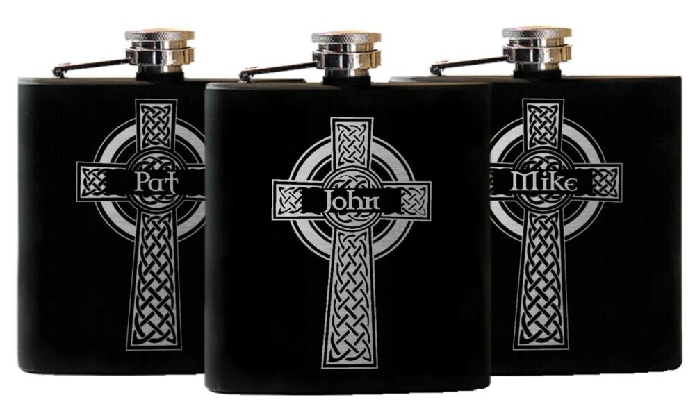 5 Celtic Cross Flasks, Personalized Groomsmen Gift, Custom Engraved Irish Wedding, Black Stainless Hip Flask - Flasks