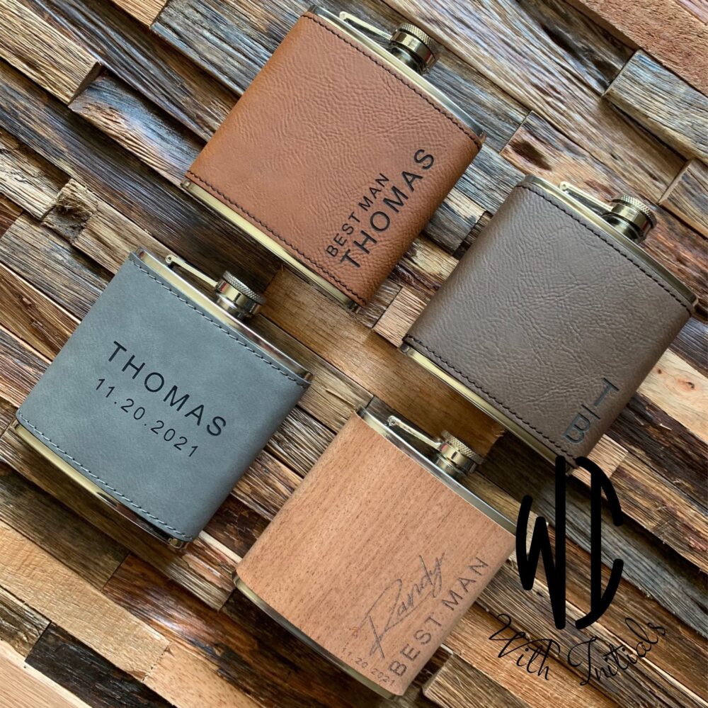 Personalized Flask, Gift Set, Wedding Party, Engraved Custom Flask, Hip Faux Leather, Proposal Gift, Shot Glass