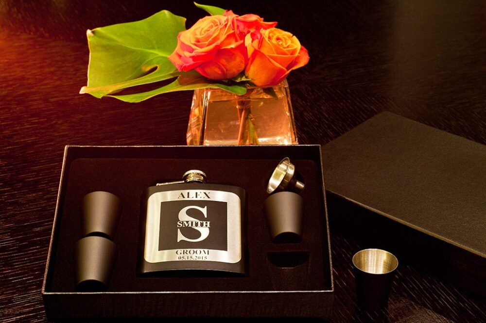 Flask Gift Set, Personalized Groomsman Flask, Monogram, Custom Engraved Gift, Wedding +Funnel +Shot Glasses, Bachelor Party Favor