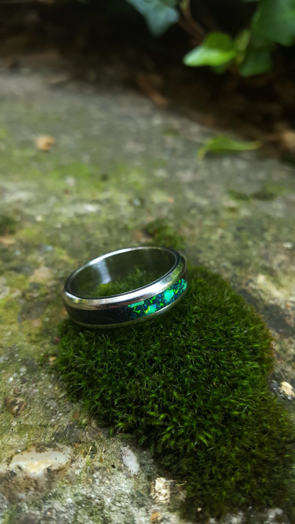 Wedding Ring, Promise Stainless Steel Ring With Crushed Black Tourmaline & Green Opal