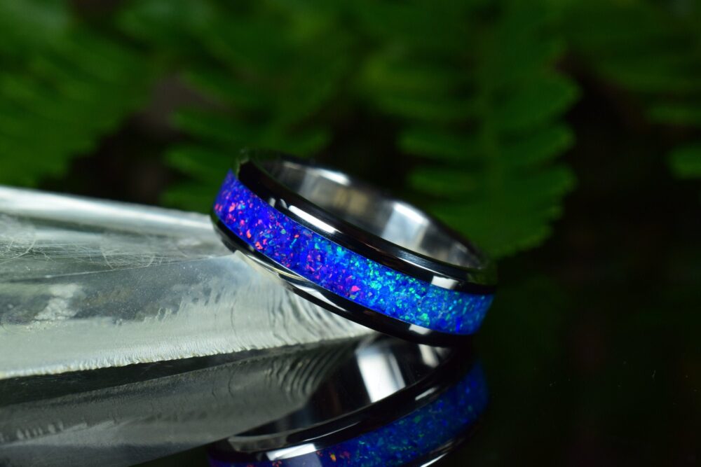 Wedding Ring, Stainless Steel Ring With Crushed Dark Blue & Opal