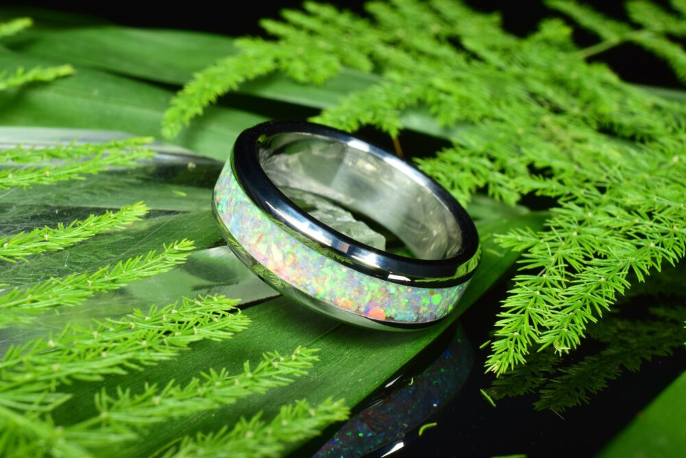 Wedding Ring, Stainless Steel Ring With Crushed "Peach" Opal 6 Mm