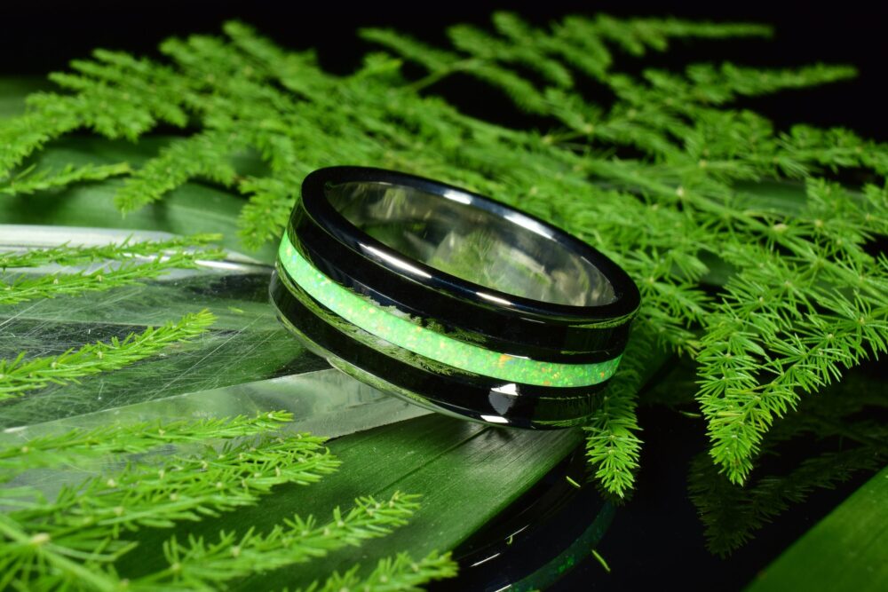 Wedding Ring, Stainless Steel Ring With Crushed Black Tourmaline & Light Green Opal