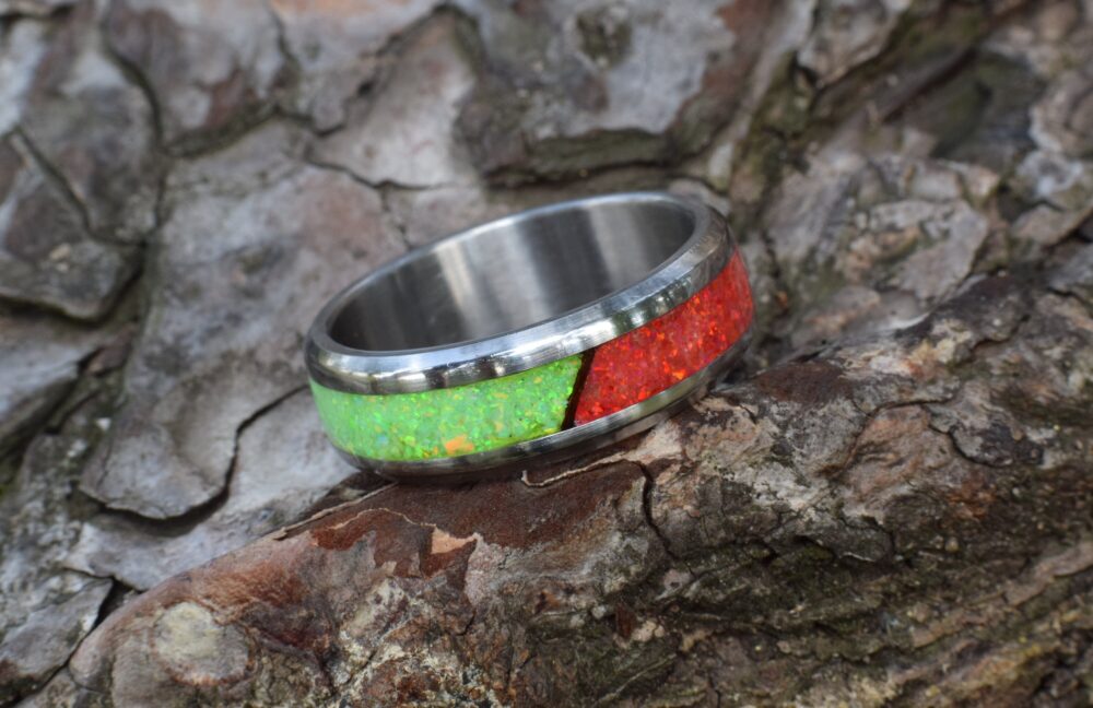 Wedding Ring, Stainless Steel Ring With Crushed Ruby & Green Opals