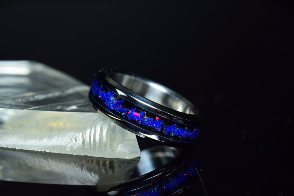 Wedding Ring, Promise Stainless Steel Ring With Crushed Obsidian, Starry Night Opal & Lapis Lazuli