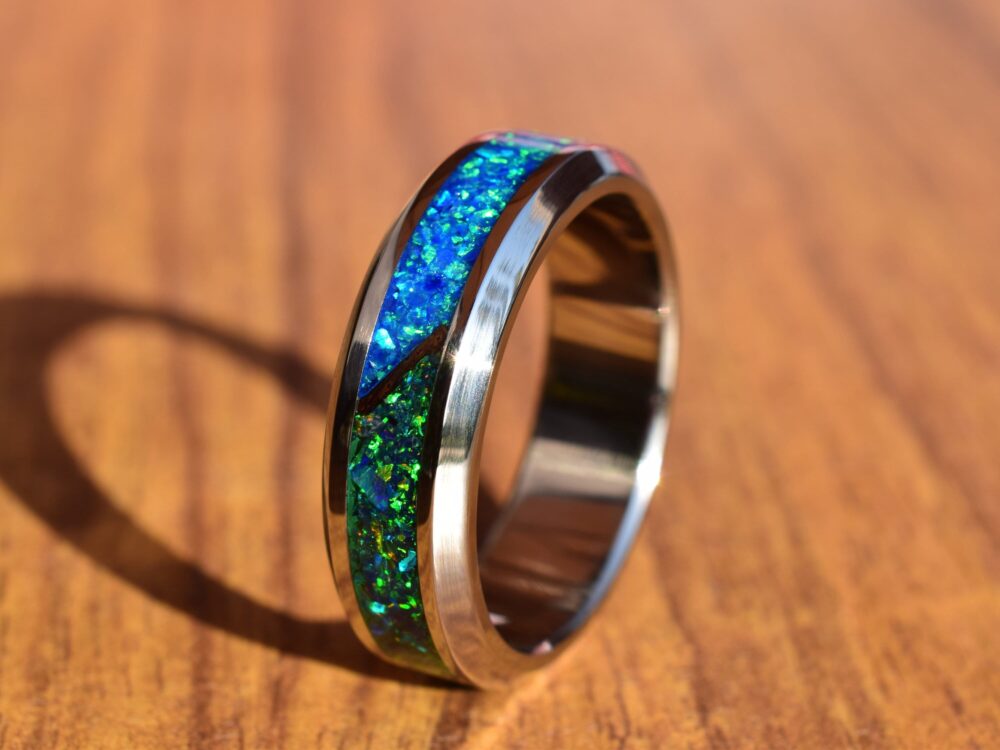 Wedding Ring, Stainless Steel Ring With Crushed Ocean Blue & Dark Green Opals
