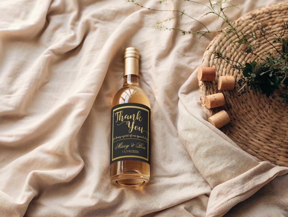 Personalized Black & Gold Wedding Wine Bottle Labels - Thank You Favor
