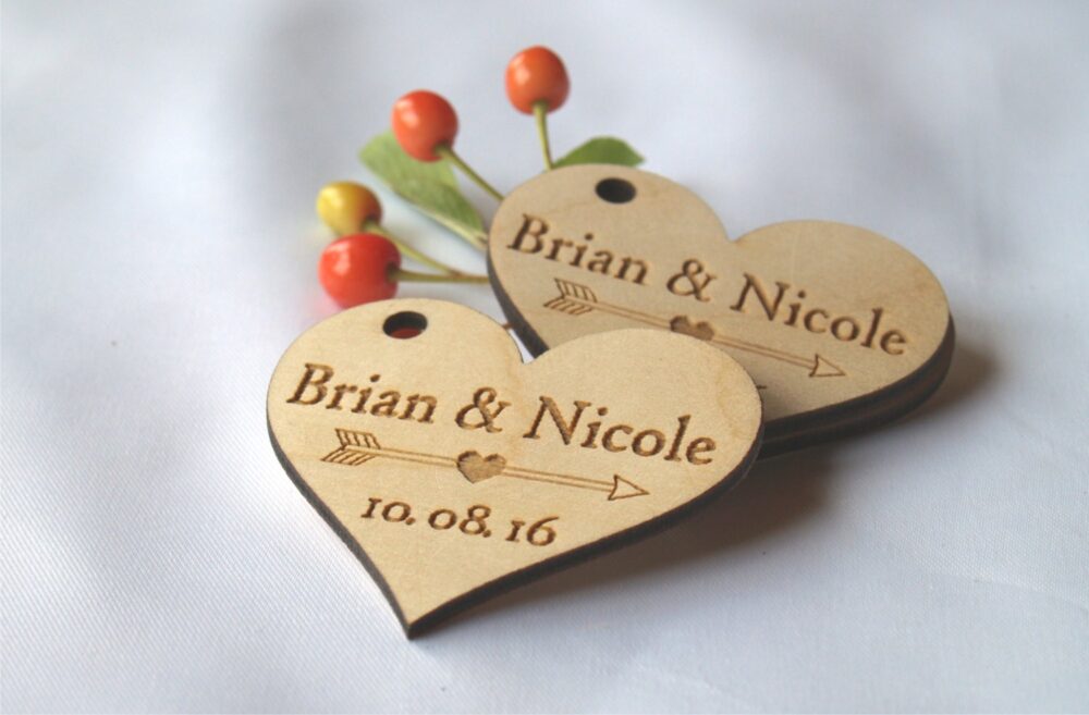 Wedding Favor Tags, Wood Favors, Wedding Rustic Custom Heart Name Tag