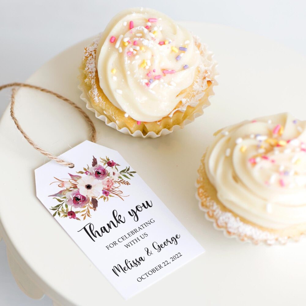 Vintage Floral Wedding Favor Tag Burgundy & Blush Watercolor Flowers Personalized Rustic Thank You Label