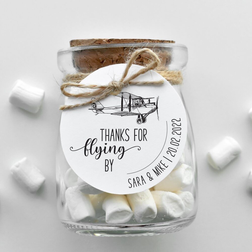 Vintage Airplane Wedding Favor Tag, Round "Thanks For Flying By" Thank You Personalized