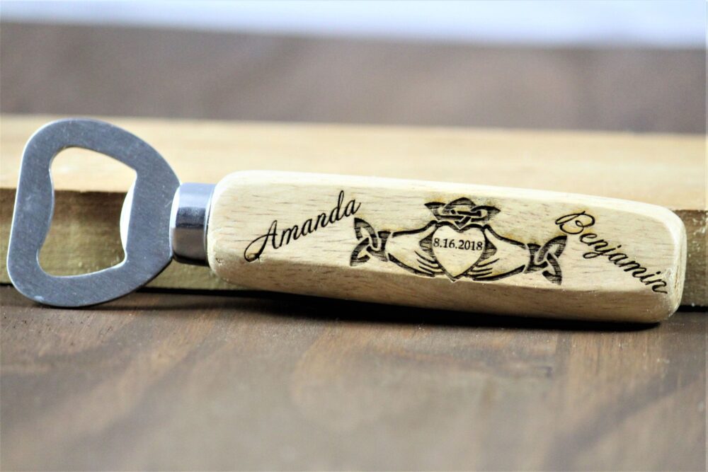 Personalized Irish Wedding Favors, Engraved Wooden Claddagh Bottle Opener
