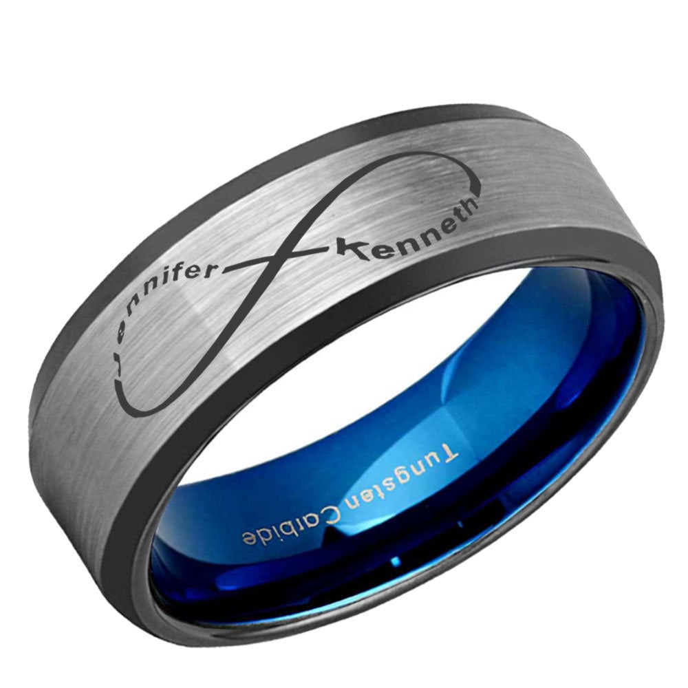 Engraved Infinity Tungsten Ring, Two Name Wedding Band, Blue Interior