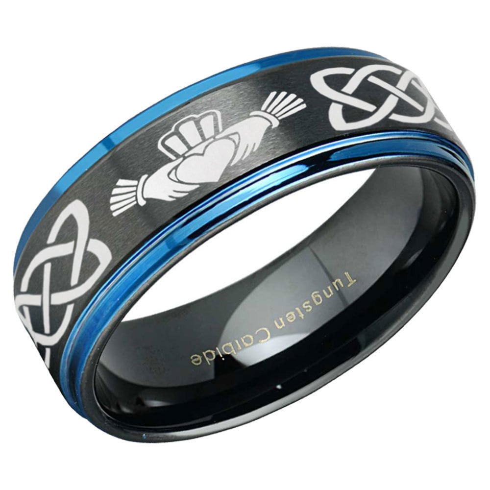 Tungsten Irish Claddagh Wedding Band, Blue Celtic Knot Ring
