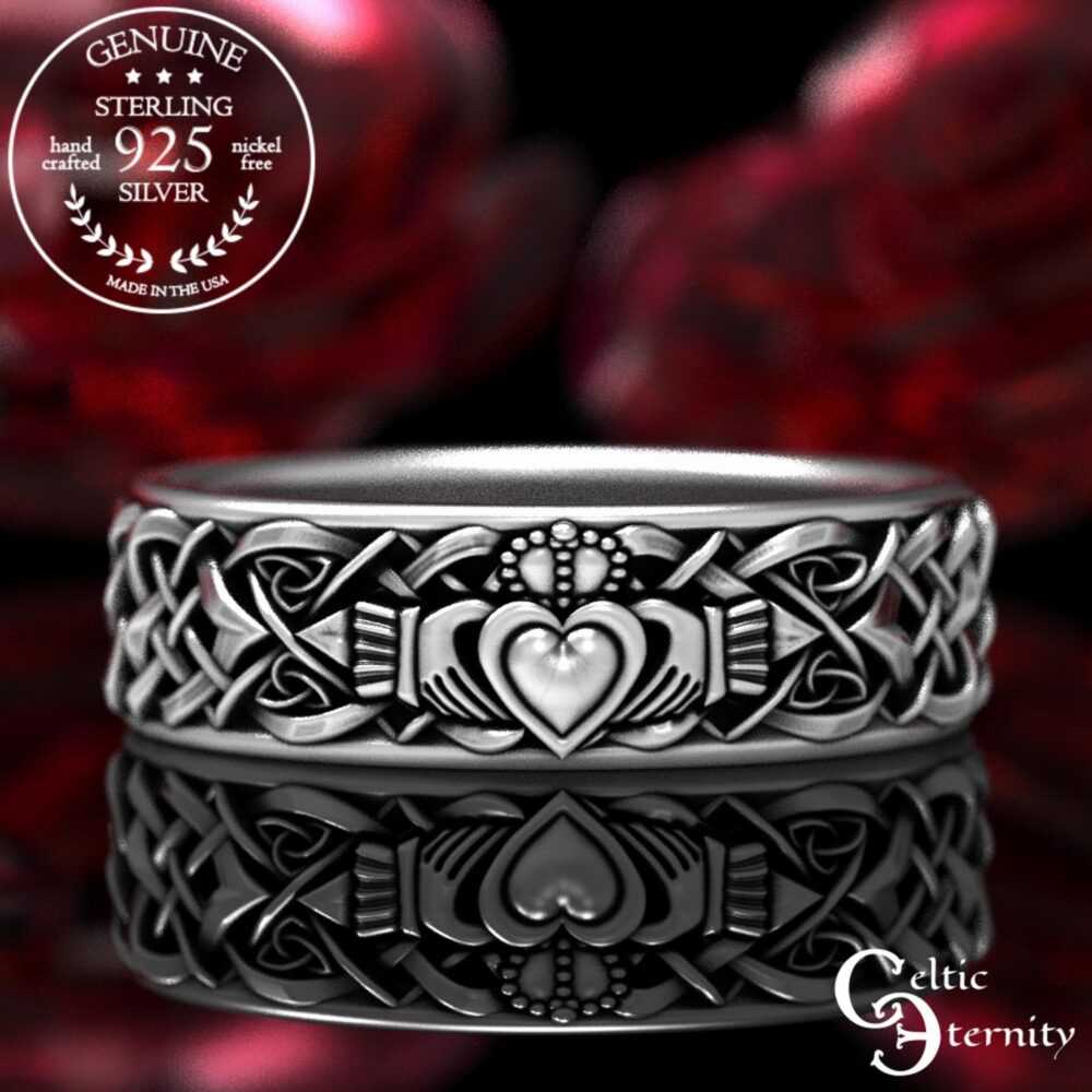 Womens Sterling Claddagh Ring, Irish Heart Wedding Celtic Band, Silver Womans 1891