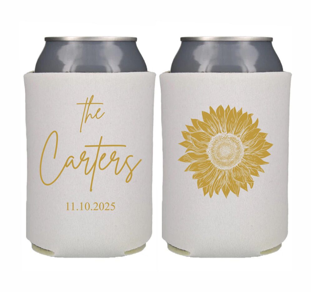 Sunflower Wedding Favor Can Cooler Personalized Theme Favor, Coolers, Custom Sun Flower