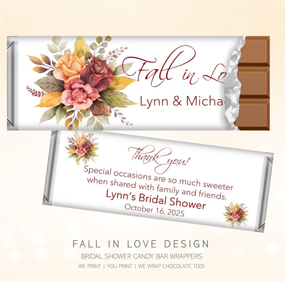 Printed Autumn Fall Candy Wrappers, Elegant Affordable Bridal Shower Wedding Party Favor, Personalized Hershey Lindt Chocolate, | Set Of 6