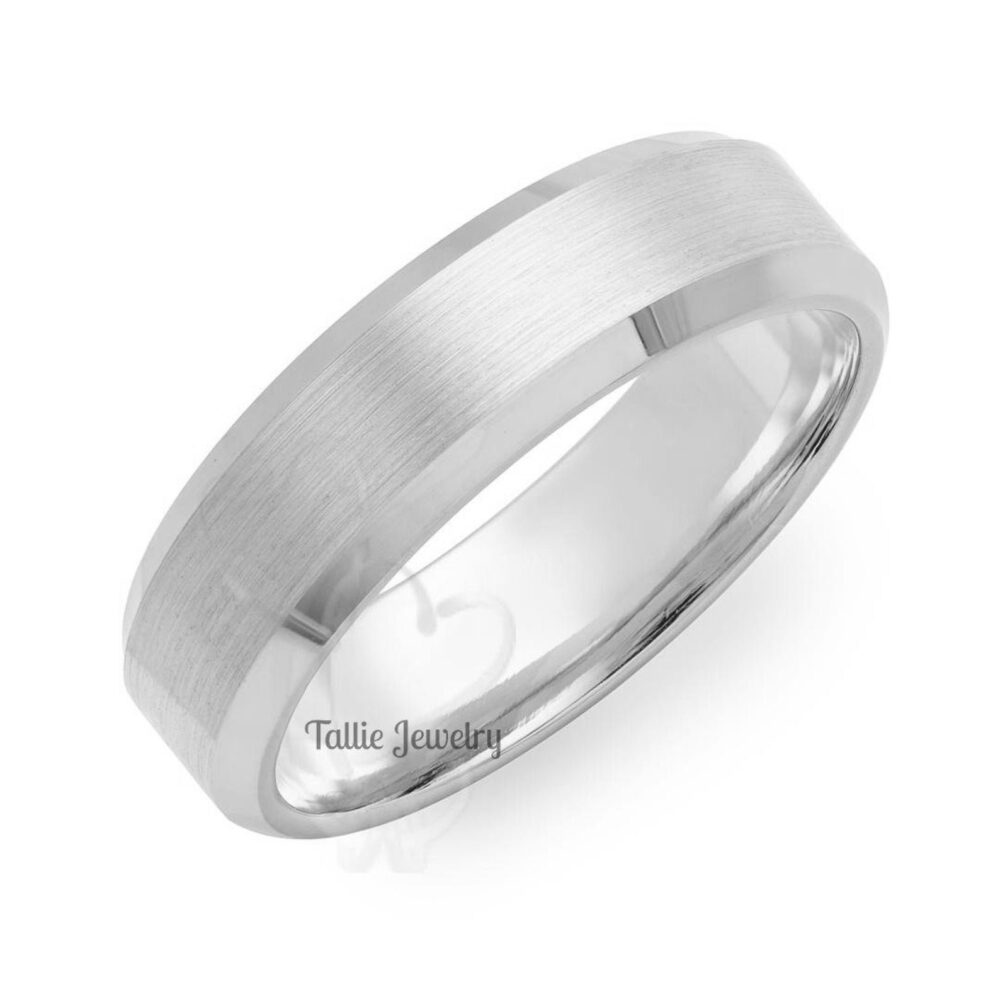 Mens Platinum Wedding Bands, Rings, 6mm Satin Finish Beveled Edge Rings For Men