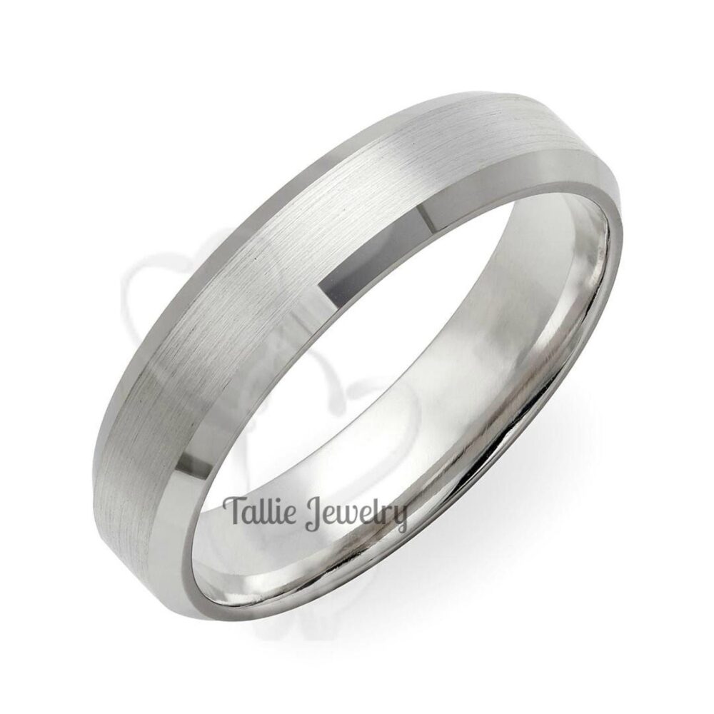 Platinum Mens Wedding Bands, Rings, 5mm Satin Finish Beveled Edge Bands, Rings For Men