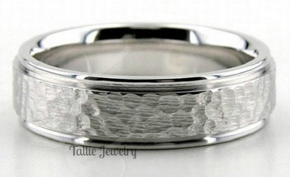 Mens Platinum Wedding Bands, Rings, 6mm Hammered Finish Rings For Men