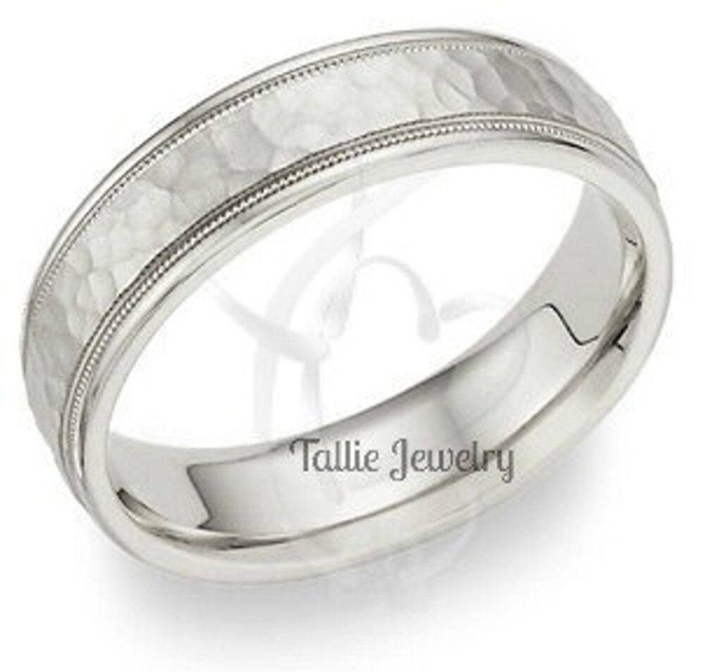 Platinum Mens Wedding Bands, Rings, 6mm Milgrain Hammered Finish Rings For Men