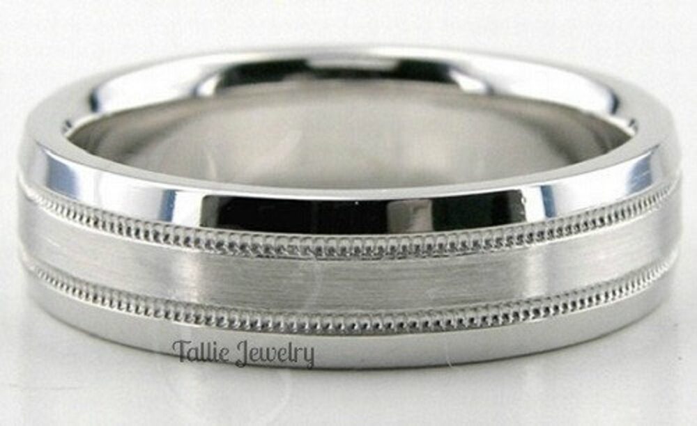 Mens Platinum Wedding Bands, Rings, 6mm Satin Finish Milgrain Rings For Men