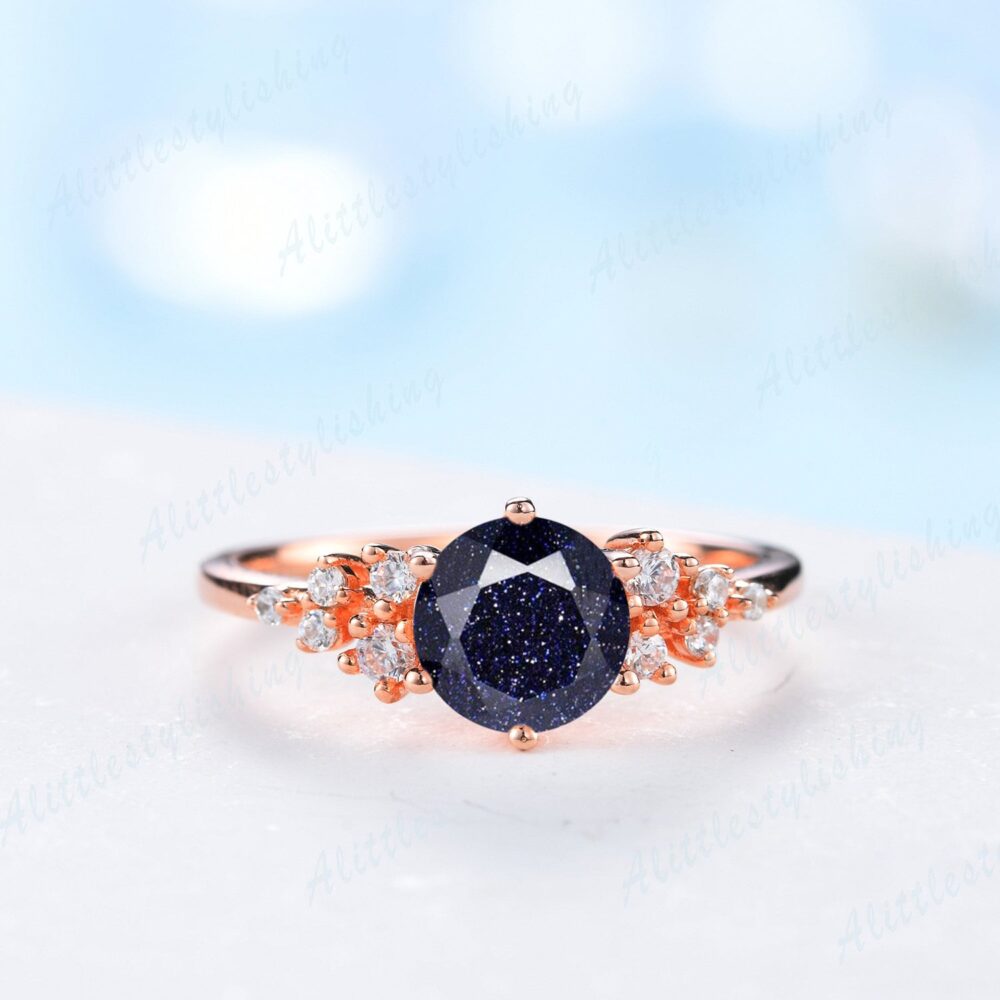 Round Blue Sandstone Engagement Ring 14K Gold Art Deco Vintage Moissanite Cluster Anniversary Jewelry Promise Gift For Her