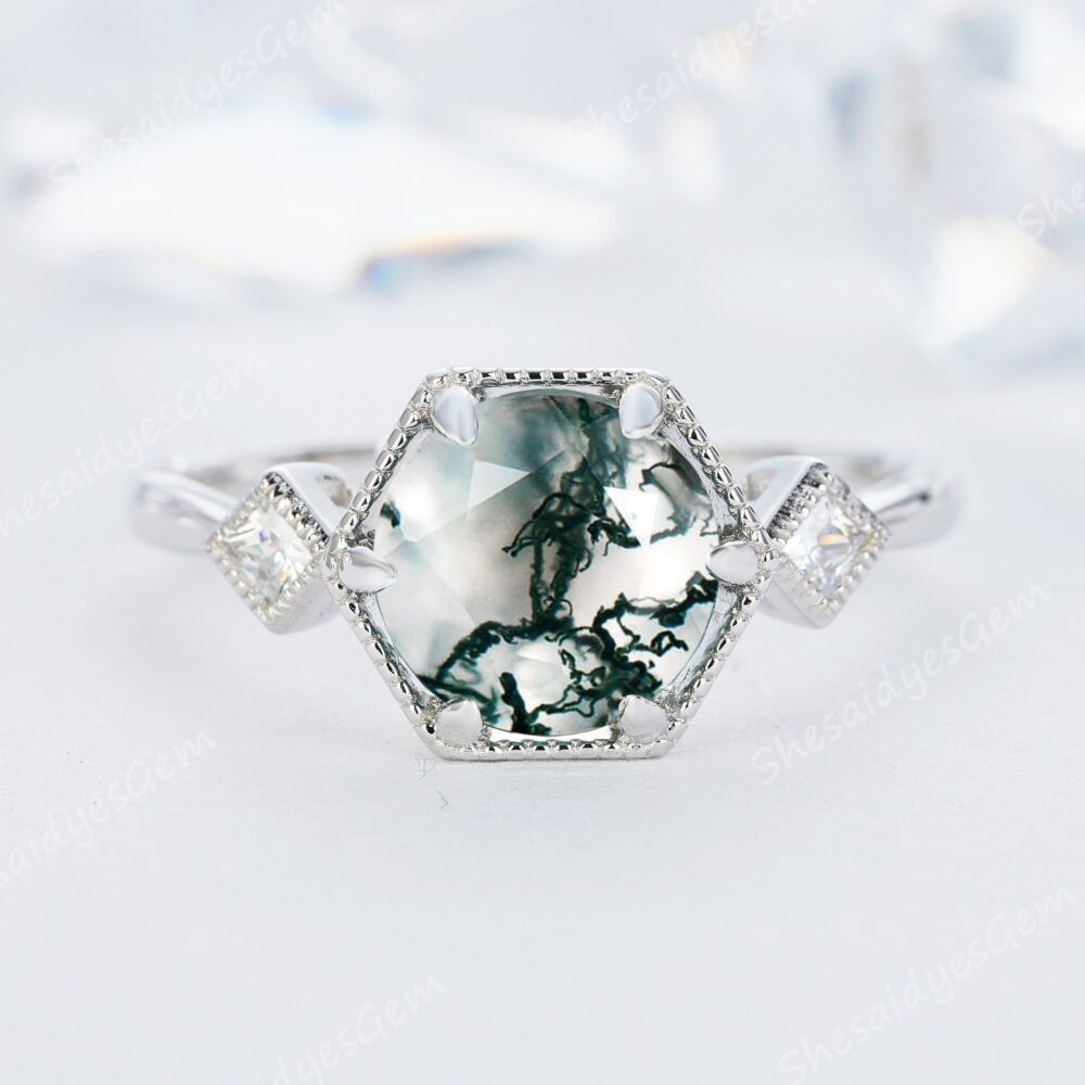 Vintage Natural Moss Agate Engagement Ring, White Gold Promise Wedding 8mm Round Cut Unique Mossy Ring Gift For Women